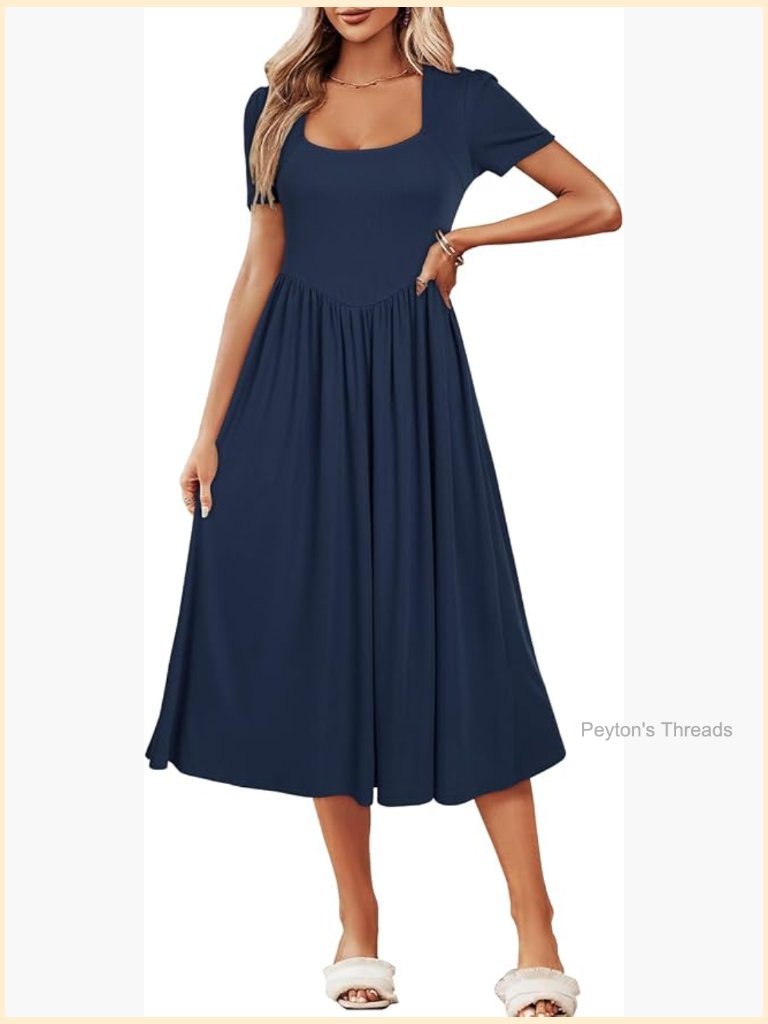 Square Neck Ribbed Knit A-Line Flowy Midi Dress With Pockets